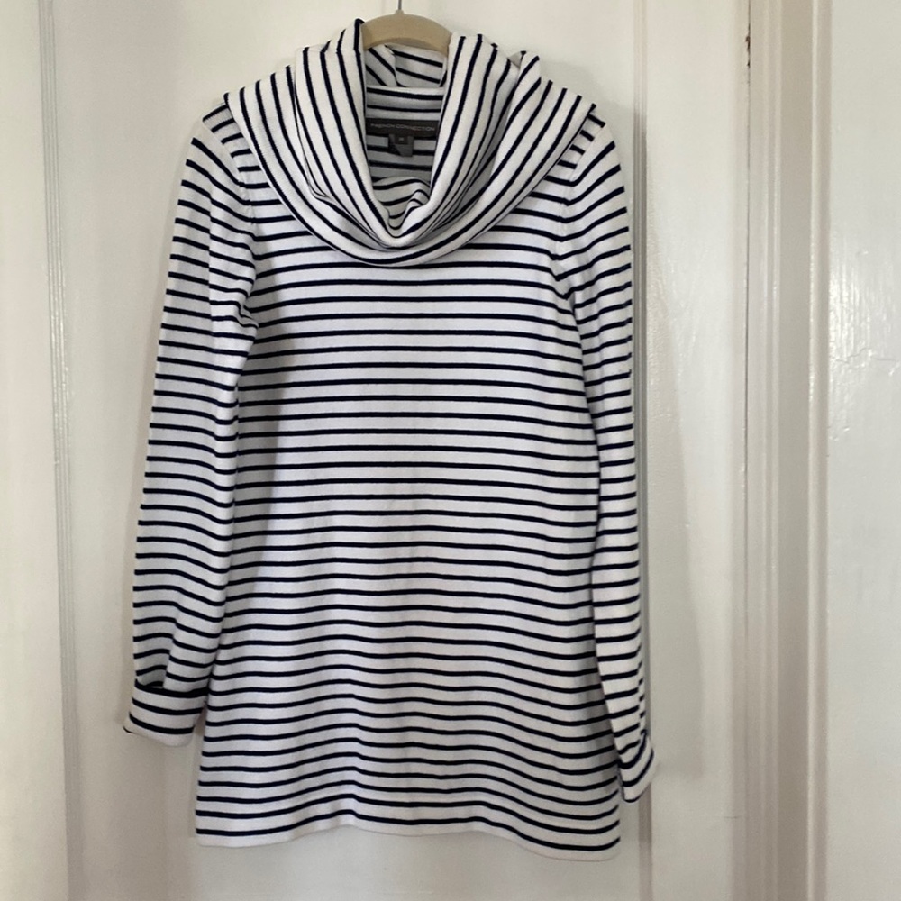 French Connection cowl neck long sleeve navy and white striped sweater